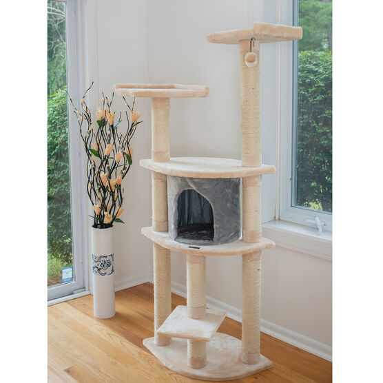 64" Real Wood Cat Tree With Sractch Sisal Post, Soft-Side Playhouse, , on-hover image number null
