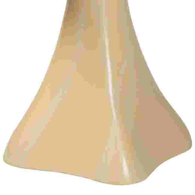 A close-up of the base of a cream-colored resin end table, showing its flared design.