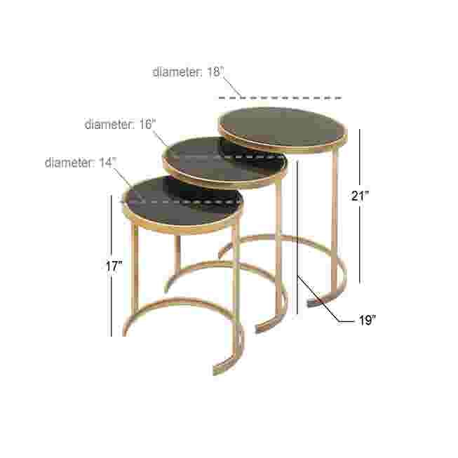 Diagram showing the sizes of the three nesting tables: 21", 19", and 17".