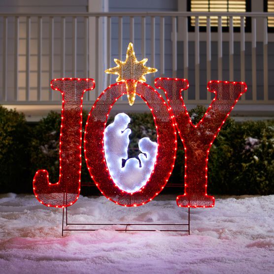 45"H Pre-Lit "Joy" Sign with Holy Family, RED WHITE GOLD, hi-res image number null