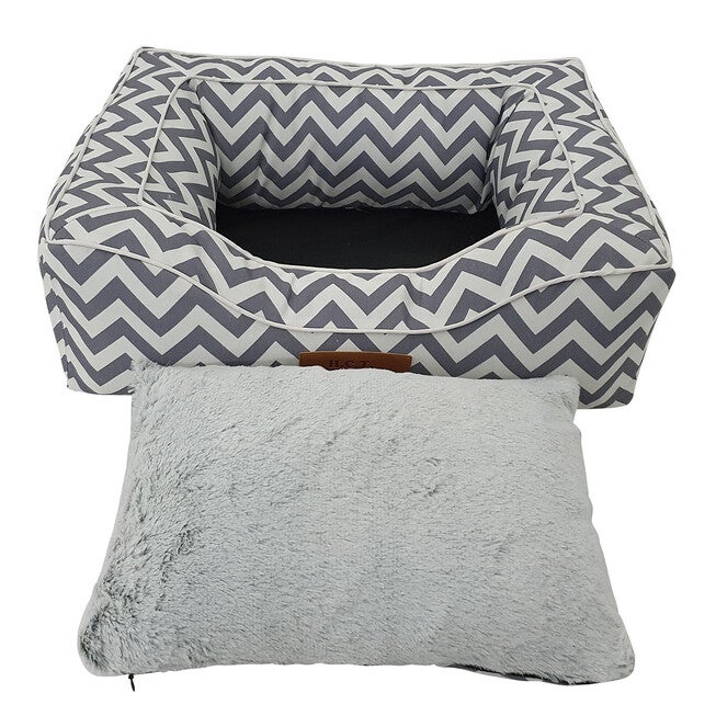 Chevron poly-cotton bolster with detachable faux fur cushion, Small Size, , alternate image number null