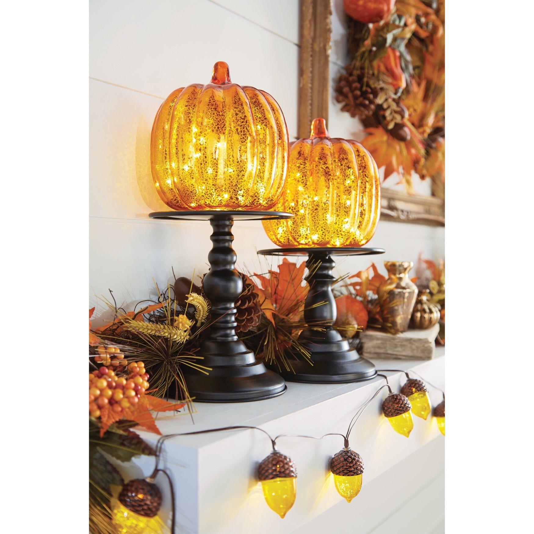 14&frac12;"H x 6"Diam Pre-Lit Mercury Glass Pumpkin on Metal Stand