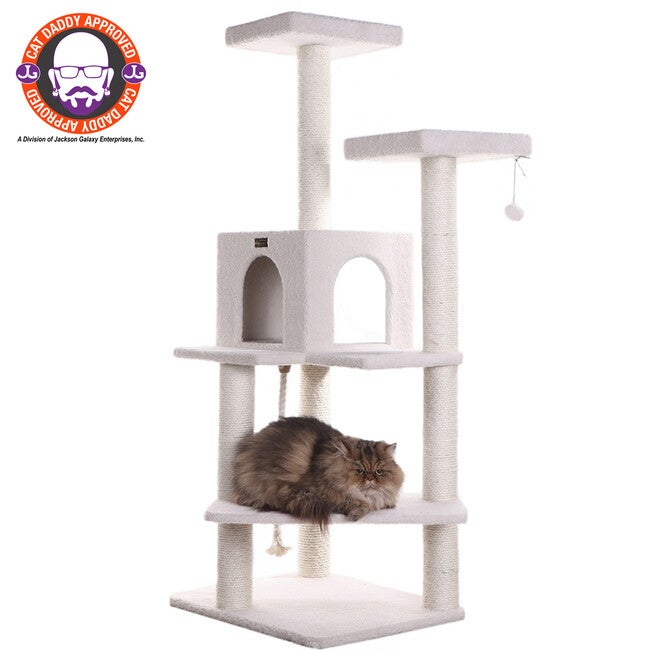 Real Wood 57 inches Fleece Covered Cat Tree Climber, IVORY, hi-res image number 0