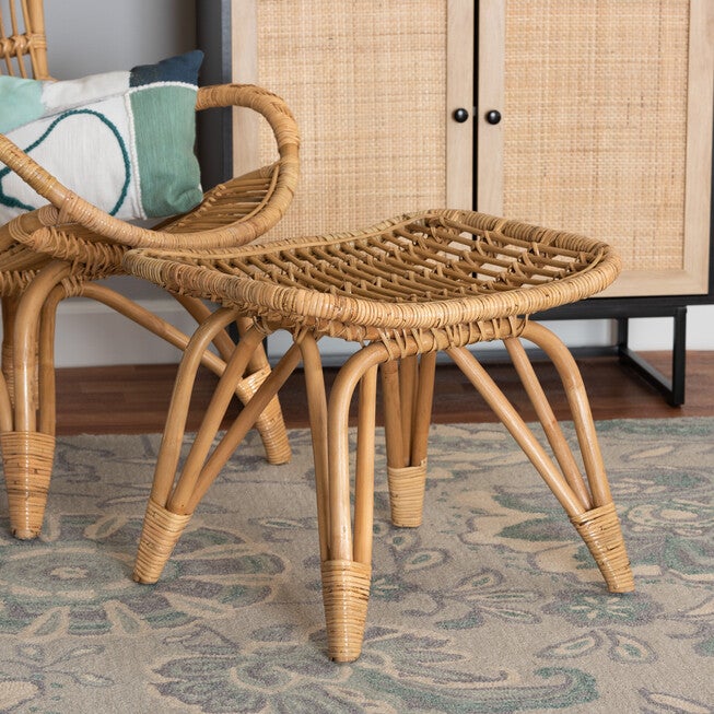 Earvin Modern Bohemian Natural Brown Rattan Footstool, NATURAL BROWN, hi-res image number 0
