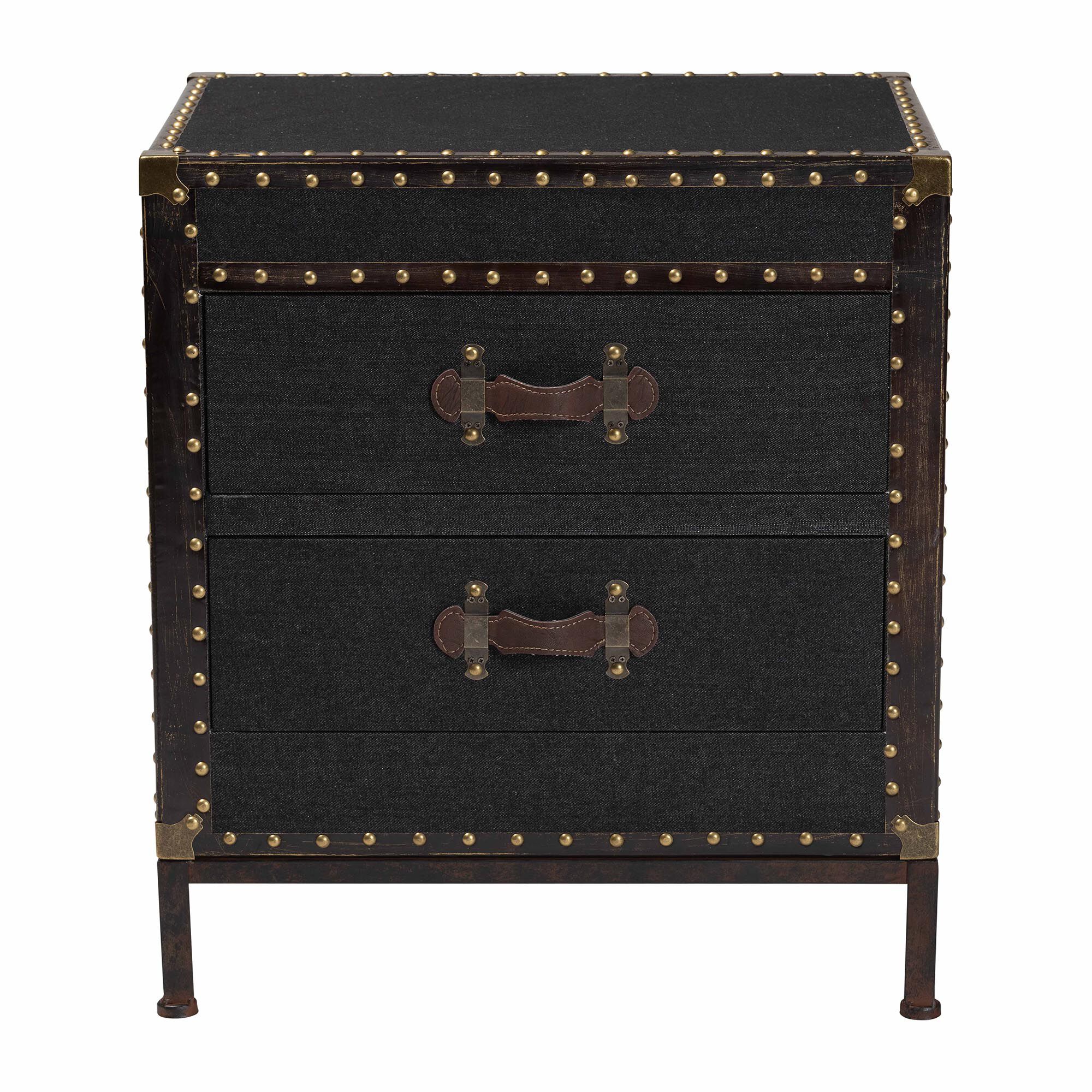 black canvas end table trunk with two drawers and metal trim