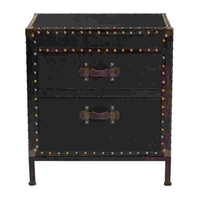black canvas end table trunk with two drawers and metal trim