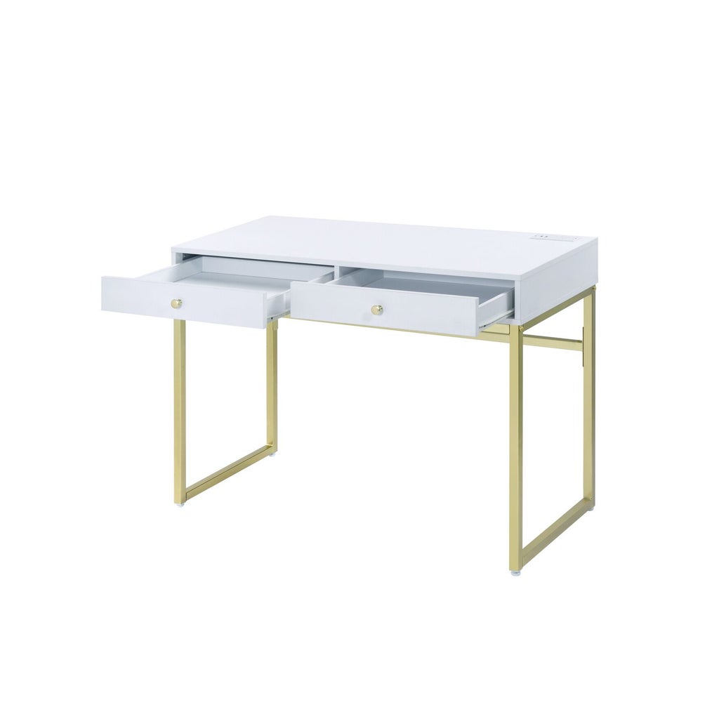 White desk with drawers and gold legs