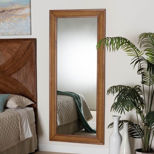 Rowanne Mid-Century Modern Walnut Brown Rubberwood And Rattan Frame Wall Mirror, , alternate image number 3