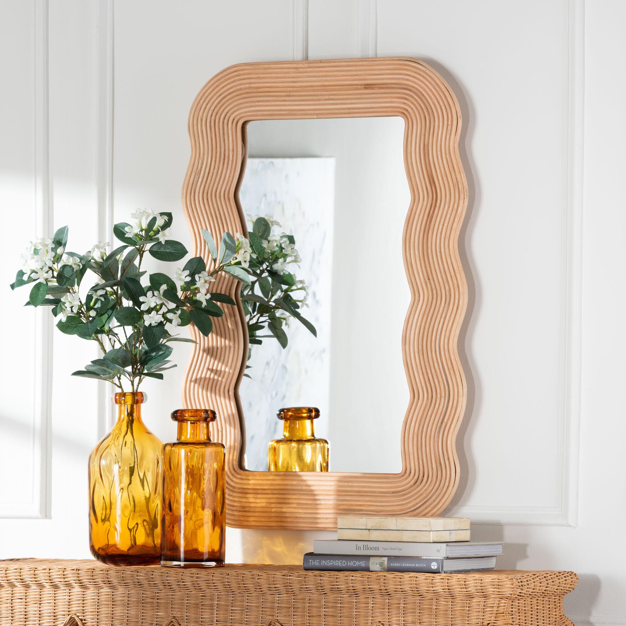 Drucilla Fluted Natural Rattan Scalloped Wall Mirror, HONEY, hi-res image number 0