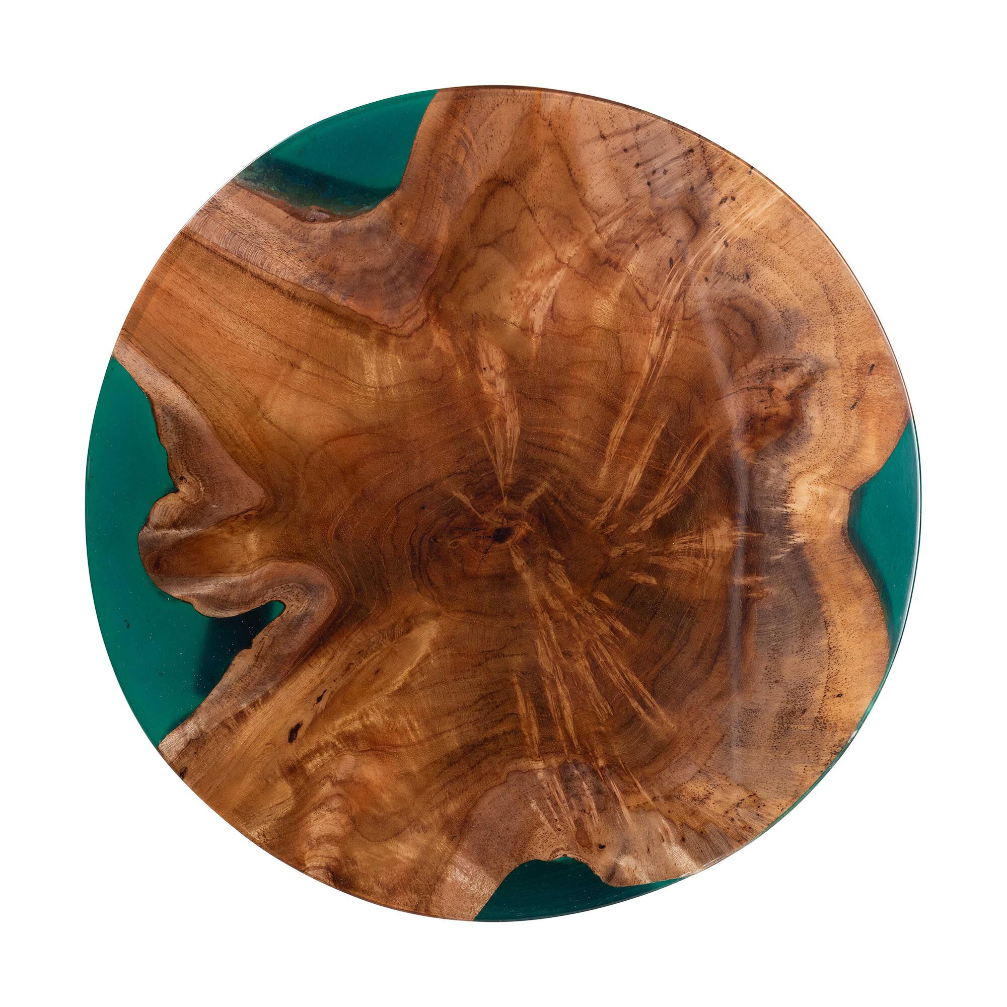Close-up of the teak wood and green epoxy resin pattern on the end table top