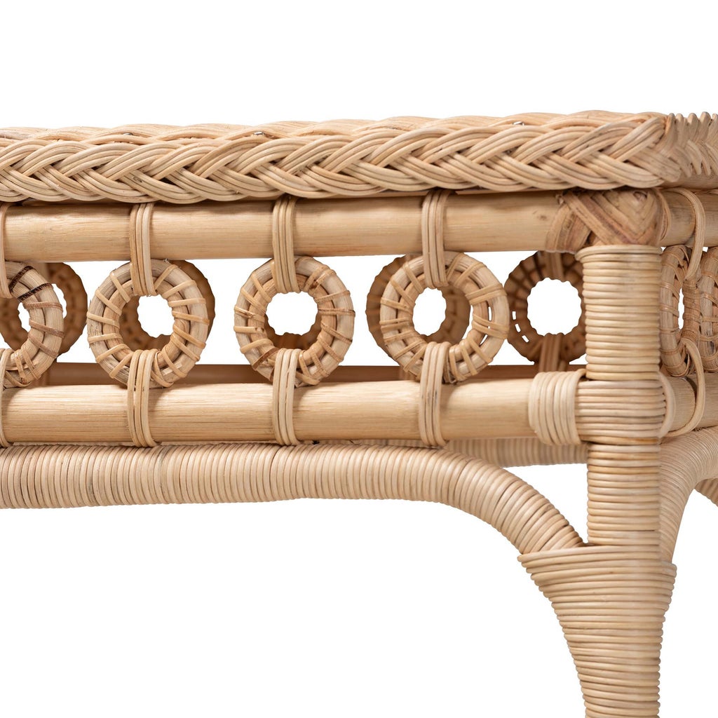 Detail of rattan ring lattice and braided top on console table