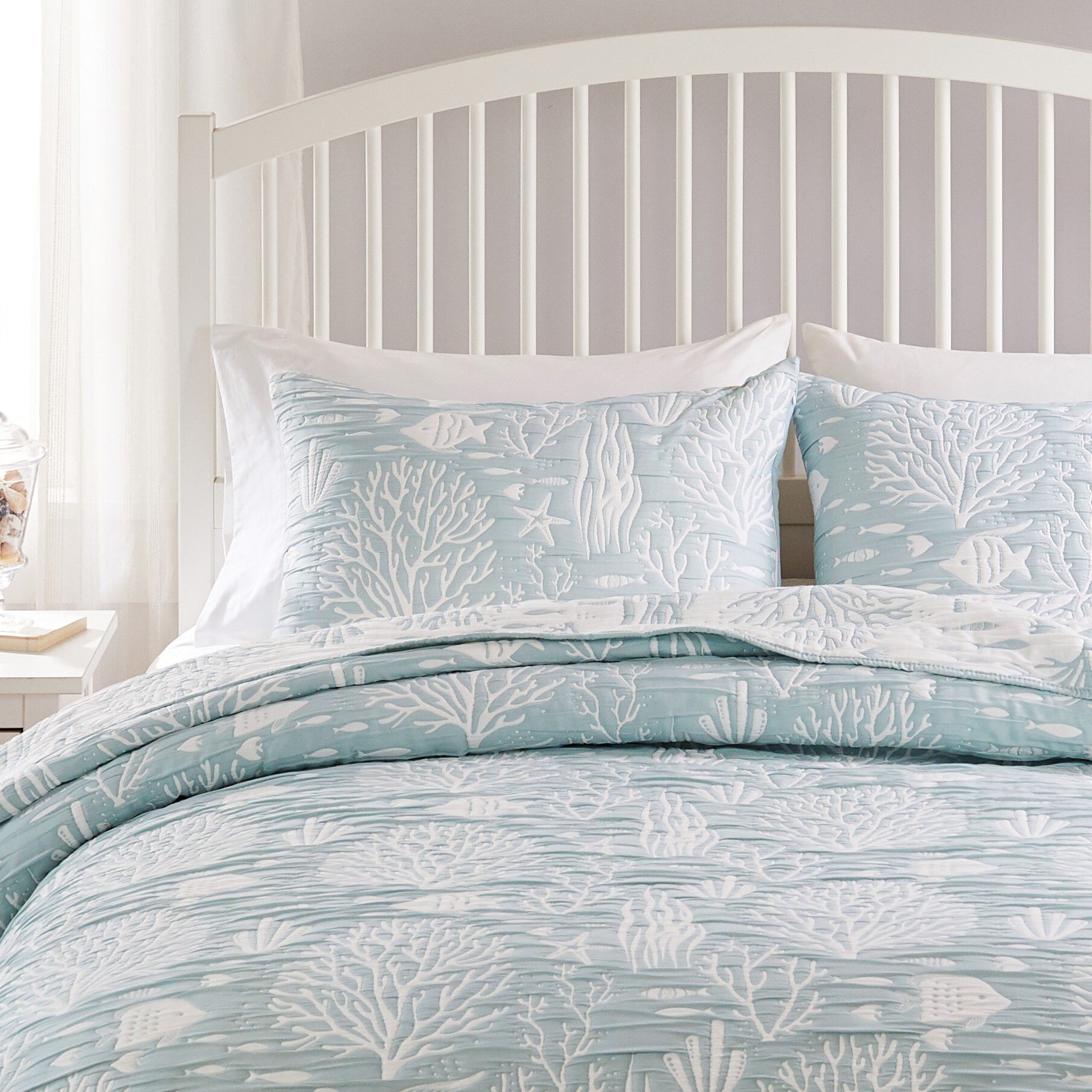 Greenland Home Fashions Marina Reversible Matelass&eacute; Coverlet Set, 3-Piece Full/Queen, Seafoam, SEAFOAM, alternate image number 2