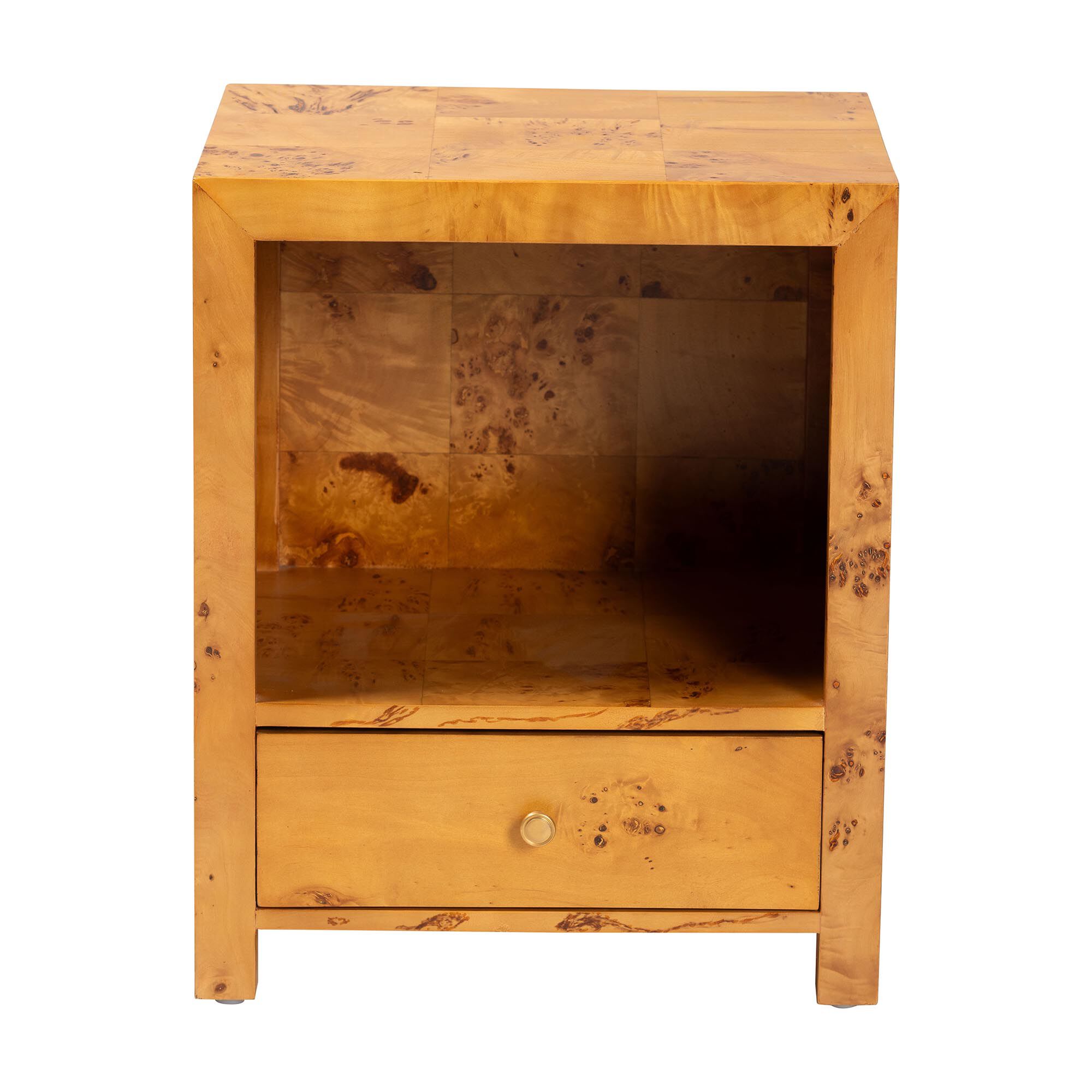 Camira Modern and Contemporary Natural Light Mappa Real Burl Wood 1-Drawer Nightstand, BURL, alternate image number 3