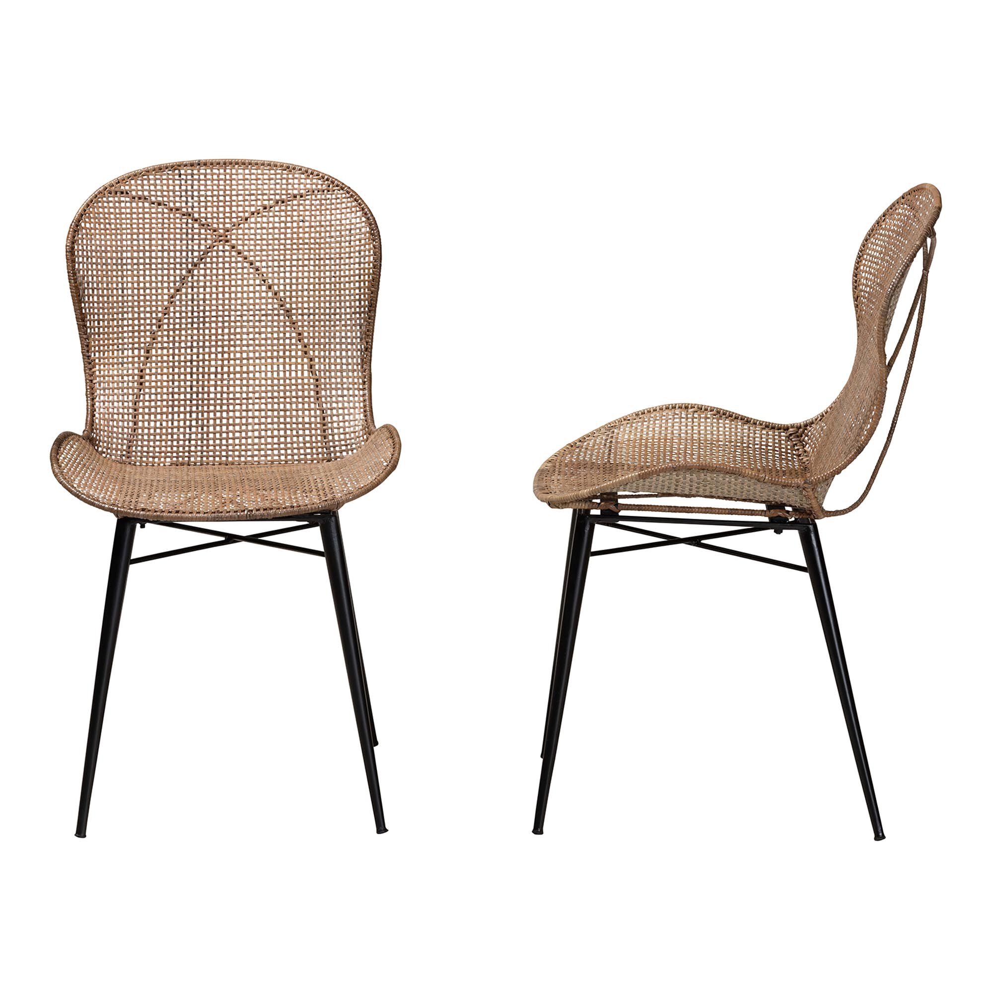 Sabelle Japandi Greywashed Rattan and Black Metal 2-Piece Dining Chair Set, BLACK, alternate image number 4