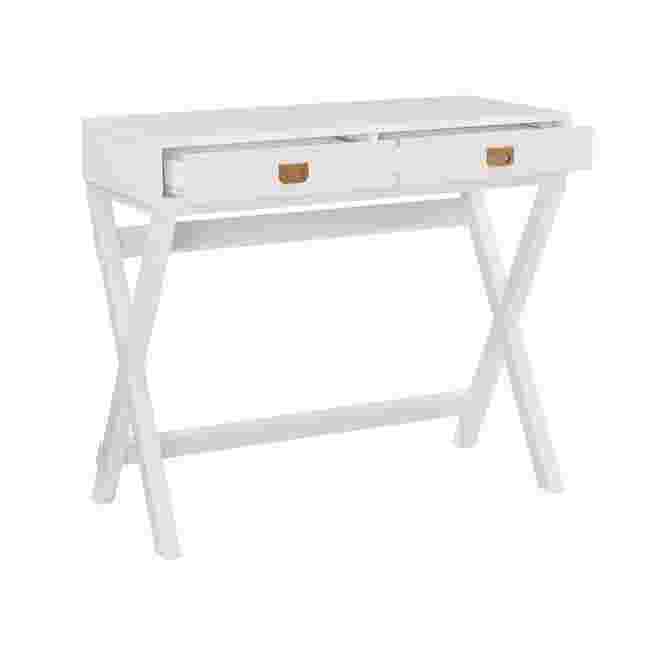 White writing desk with a single drawer and X-shaped legs