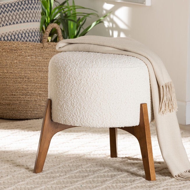 Elkie Japandi Cream Boucle Fabric And Walnut Brown Finished Wood Ottoman Footstool, , alternate image number null