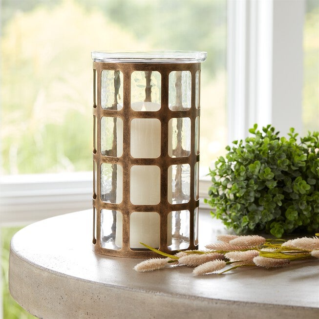 Wavy Glass Candle Holder with Distressed Metal Frame 12.25 inchesH, GOLD, alternate image number null