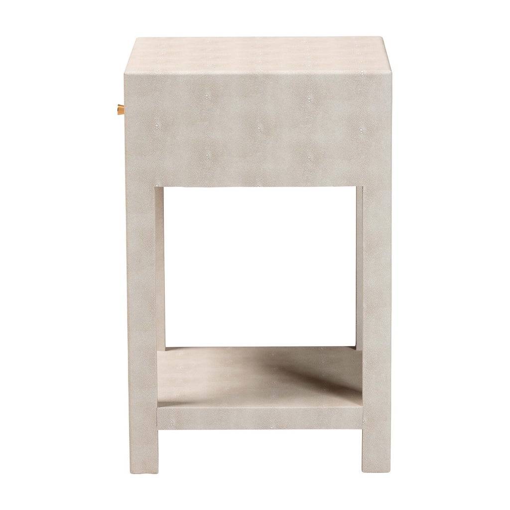 Side view of beige faux shagreen end table showing open shelf