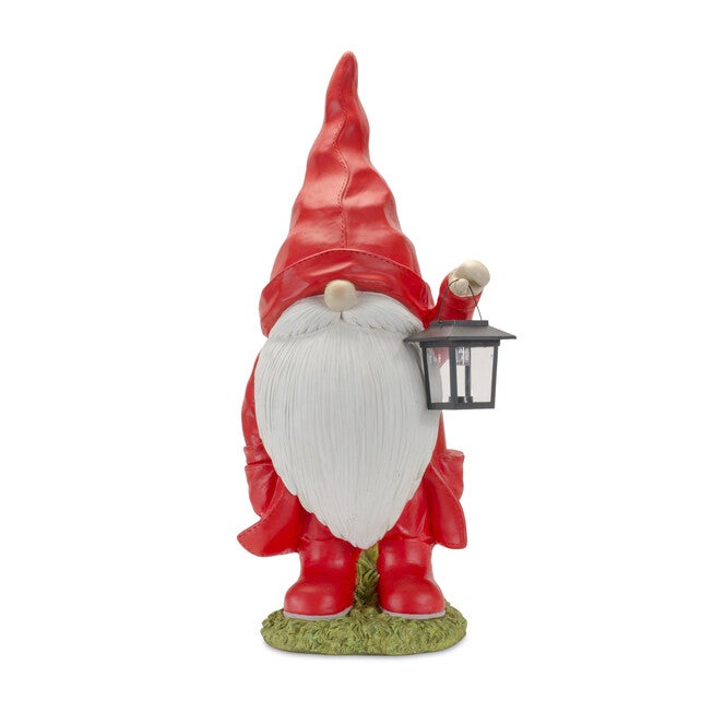 Raincoat Garden Gnome Statue With Lantern Accent 24.75 inchesH, RED, hi-res image number null