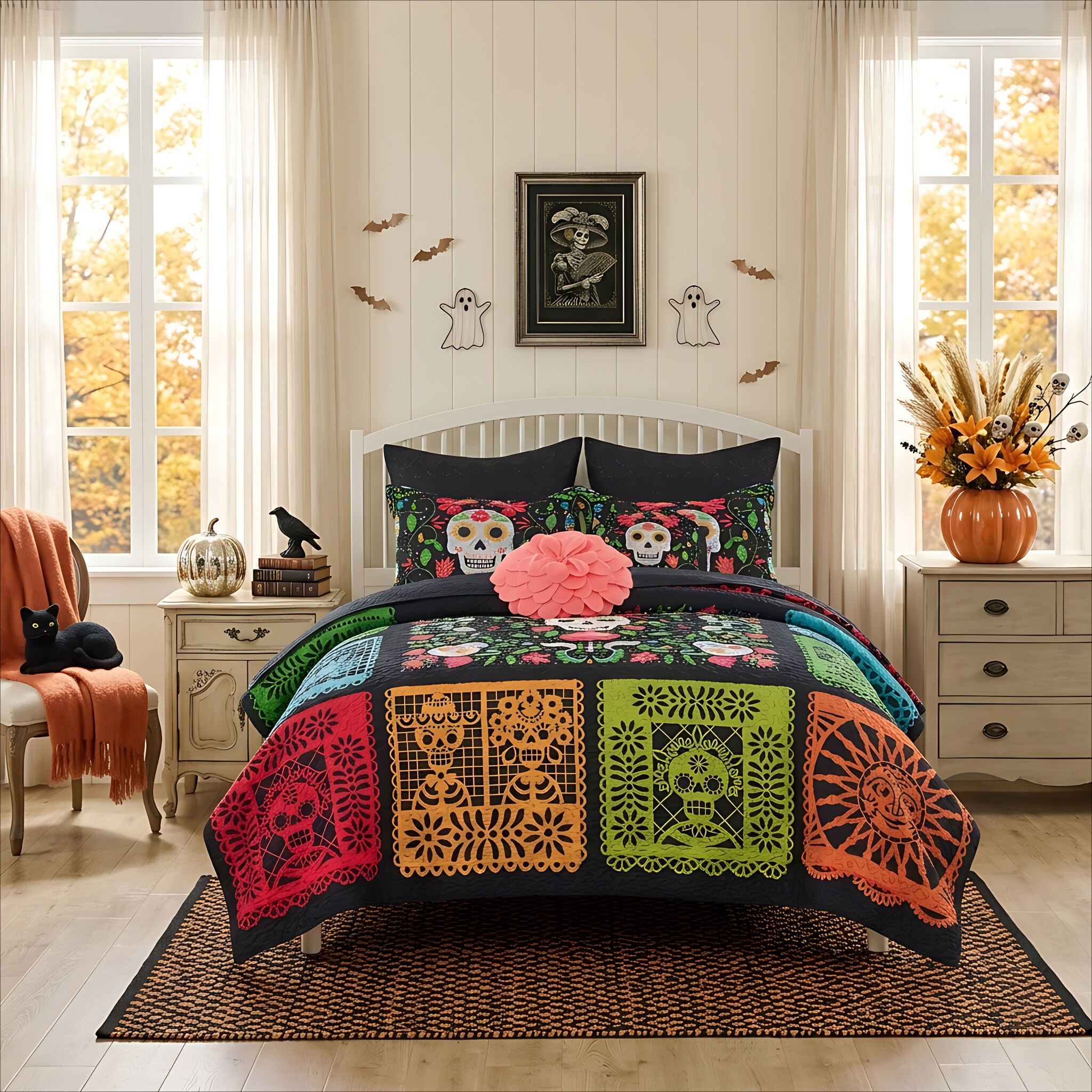 Day of the Dead Traditional Novelty Skull Quilt Set, MULTI, alternate image number 4