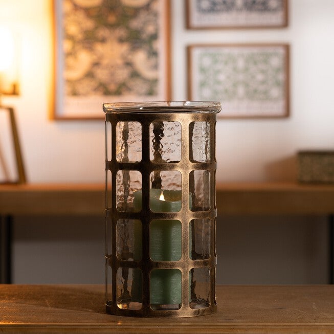 Wavy Glass Candle Holder with Distressed Metal Frame 12.25 inchesH, GOLD, alternate image number null