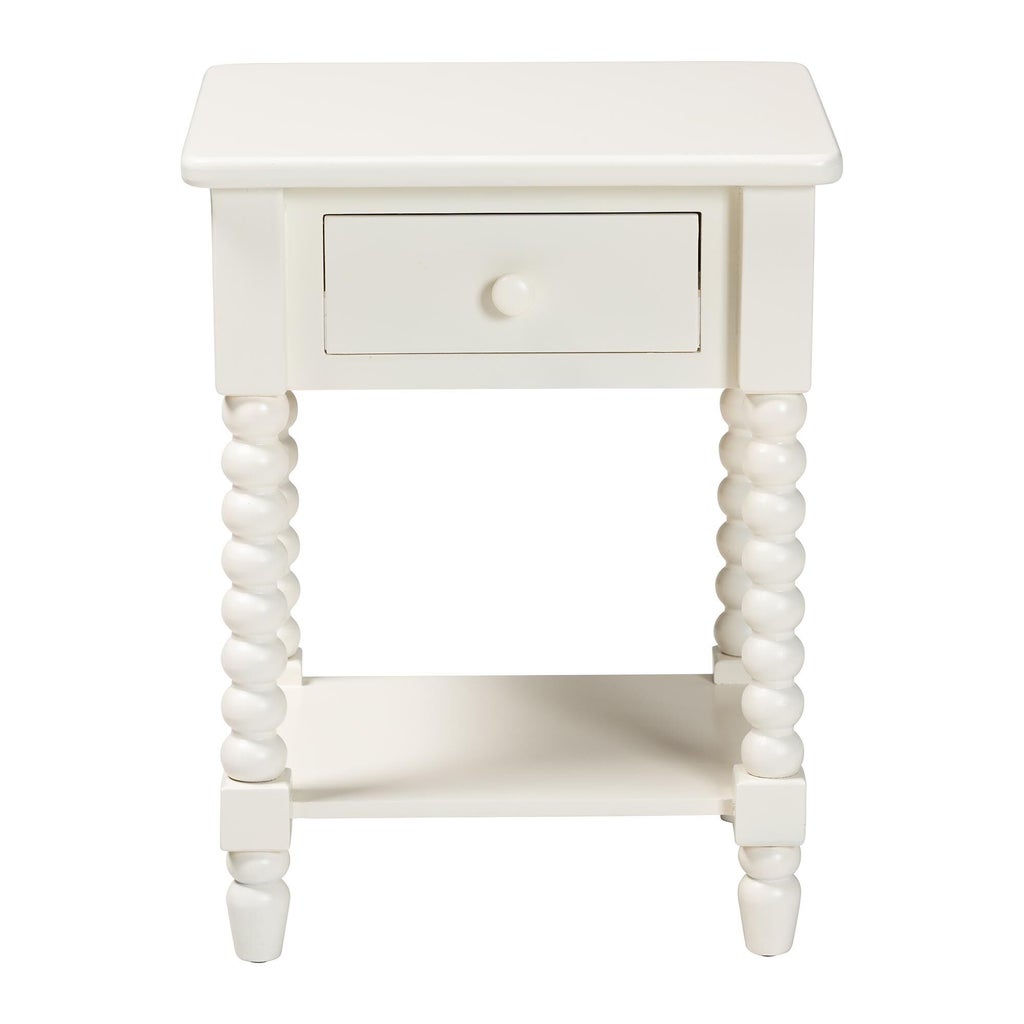 Front view of Raynera end table showing drawer and legs