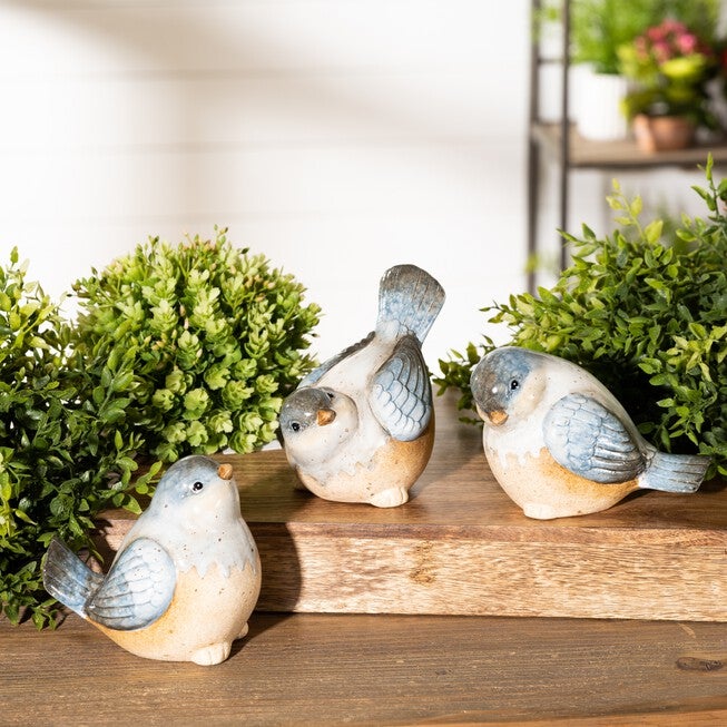 Ceramic Bird Figurines with Unglazed Accents (Set of 3), BLUE BEIGE, alternate image number null