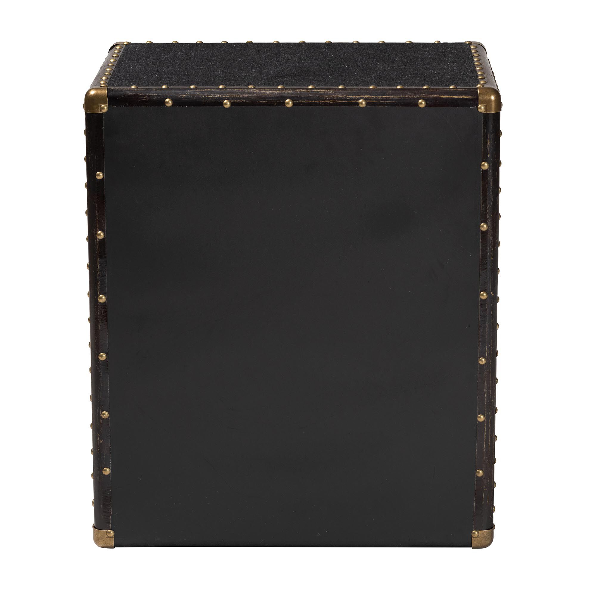 Back view of black canvas end table with three drawers