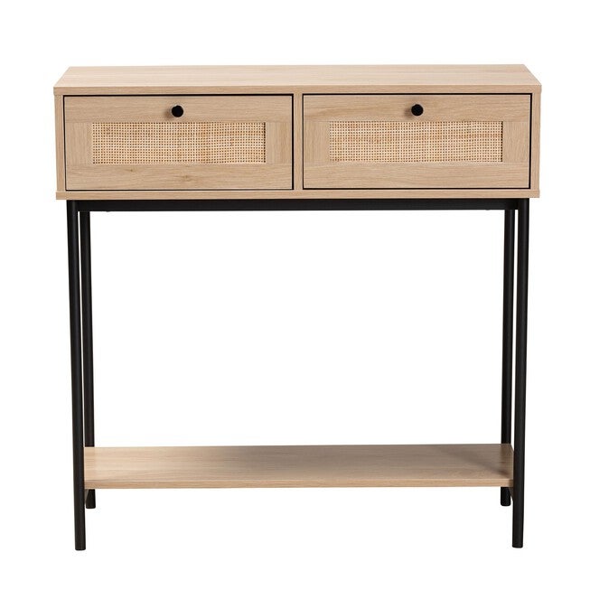 Sherwin Mid-Century Modern Light Brown And Black 2-Drawer Console Table With Woven Rattan Accent, , alternate image number 2