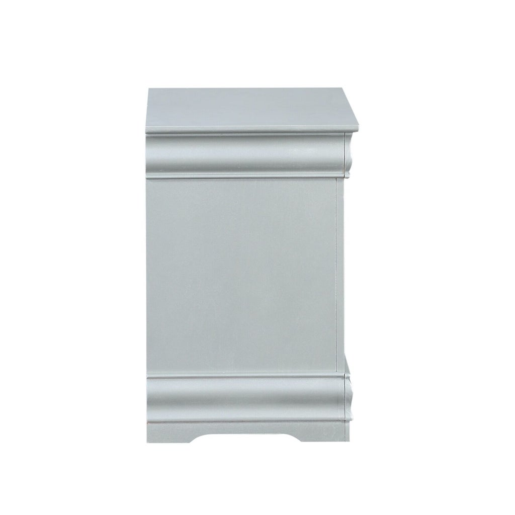 Side view of gray nightstand with decorative molding