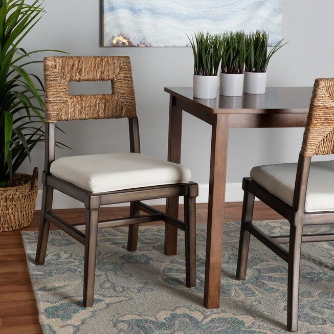 Porsha Modern Bohemian Dark Brown Finished Mahogany Wood And Natural Rattan Dining Chair, , alternate image number null