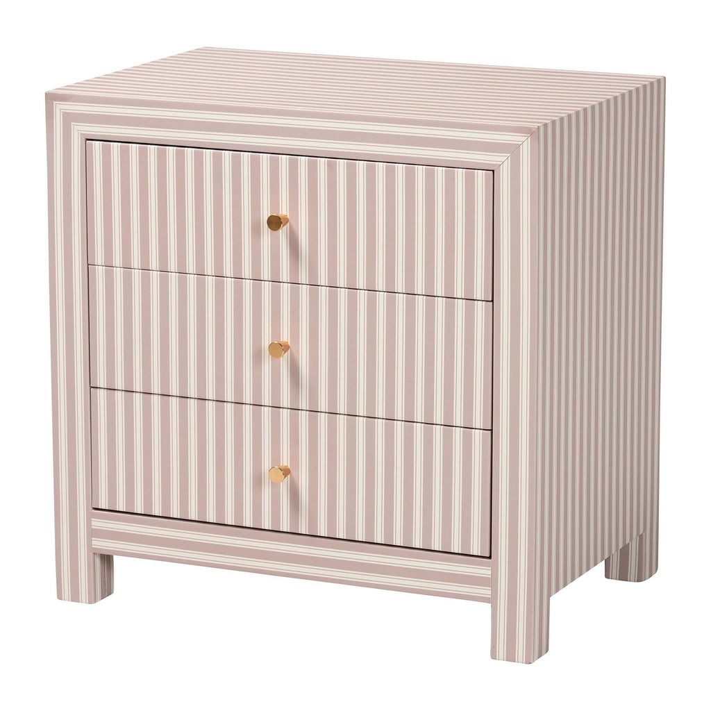 Javianne end table front view with striped pattern and gold knobs