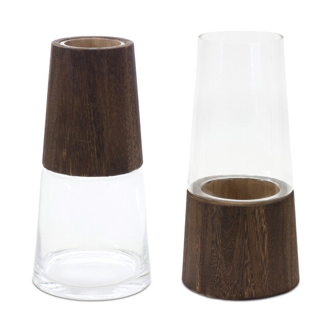 Vase (Set of 2) 5.5 inchesD x 11 inchesH, 5.5 inchesD x 11 inchesH Glass/Wood, BROWN/CLEAR, hi-res image number 0