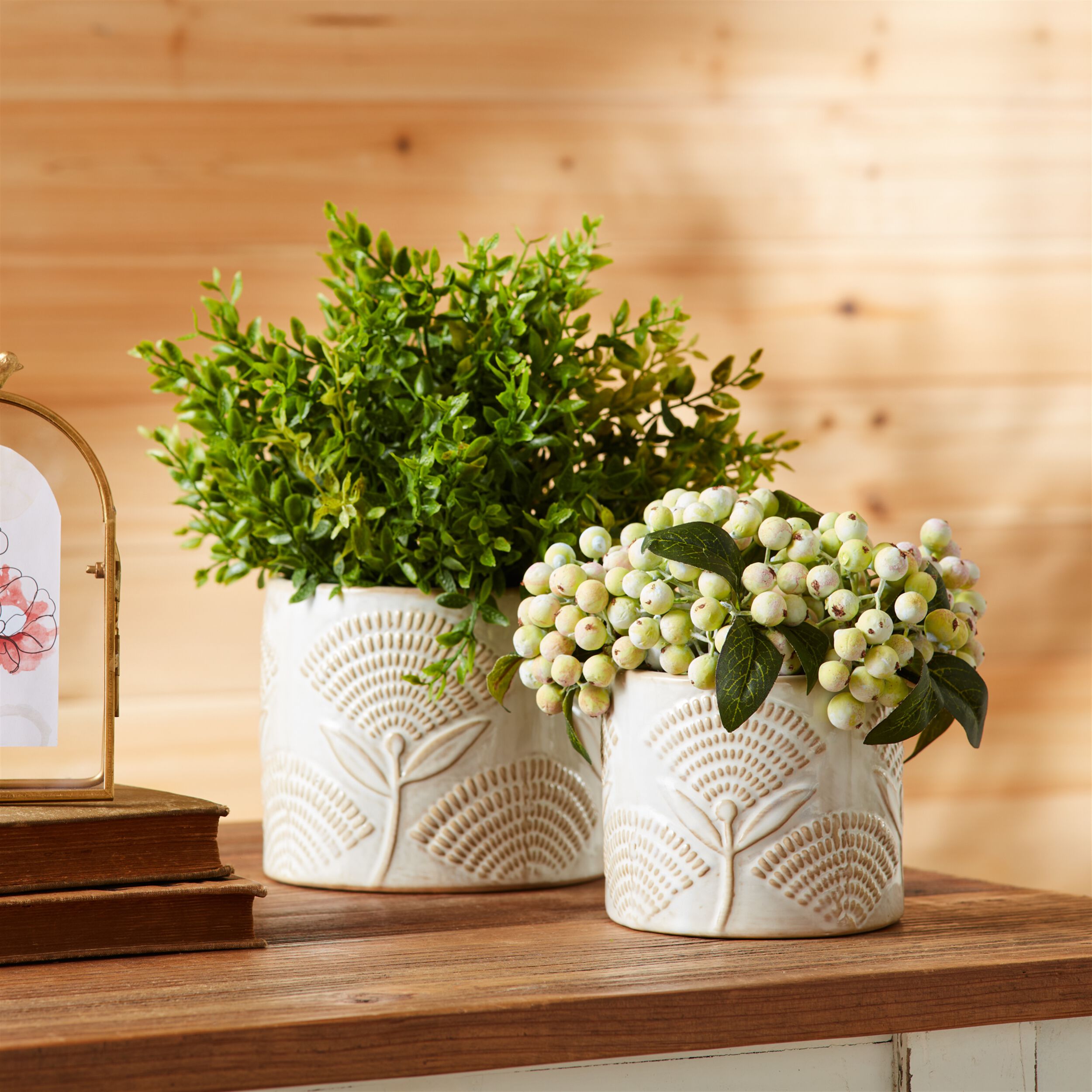 Porcelain Floral Patterned Planter Set of 2, WHITE BEIGE, alternate image number 4