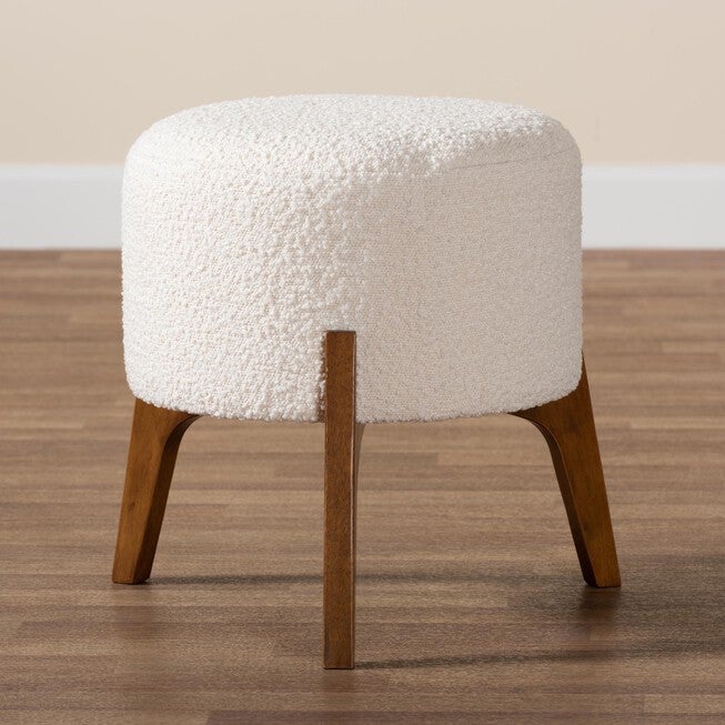 Elkie Japandi Cream Boucle Fabric And Walnut Brown Finished Wood Ottoman Footstool, , alternate image number null