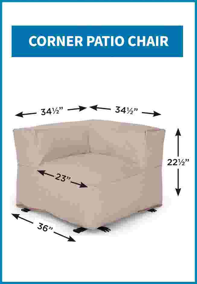Beige corner patio chair with dimensions labeled