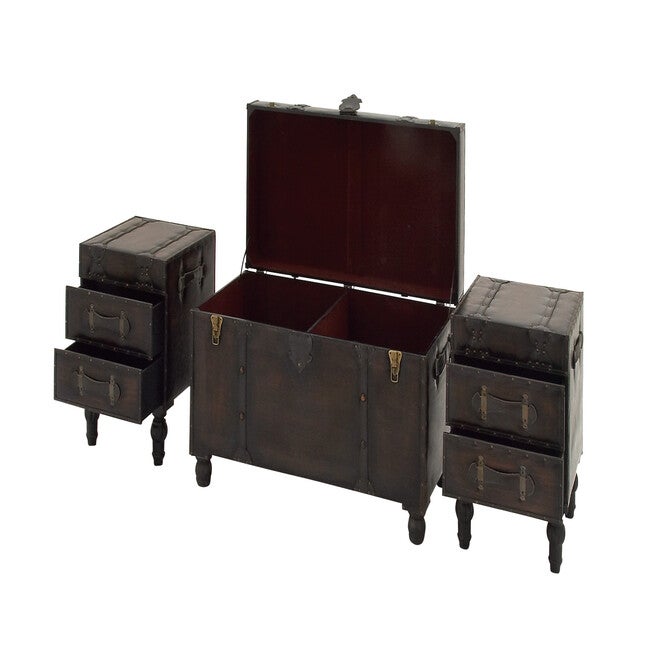 Set Of 3 Brown Wood Traditional Bench Bench, , alternate image number null