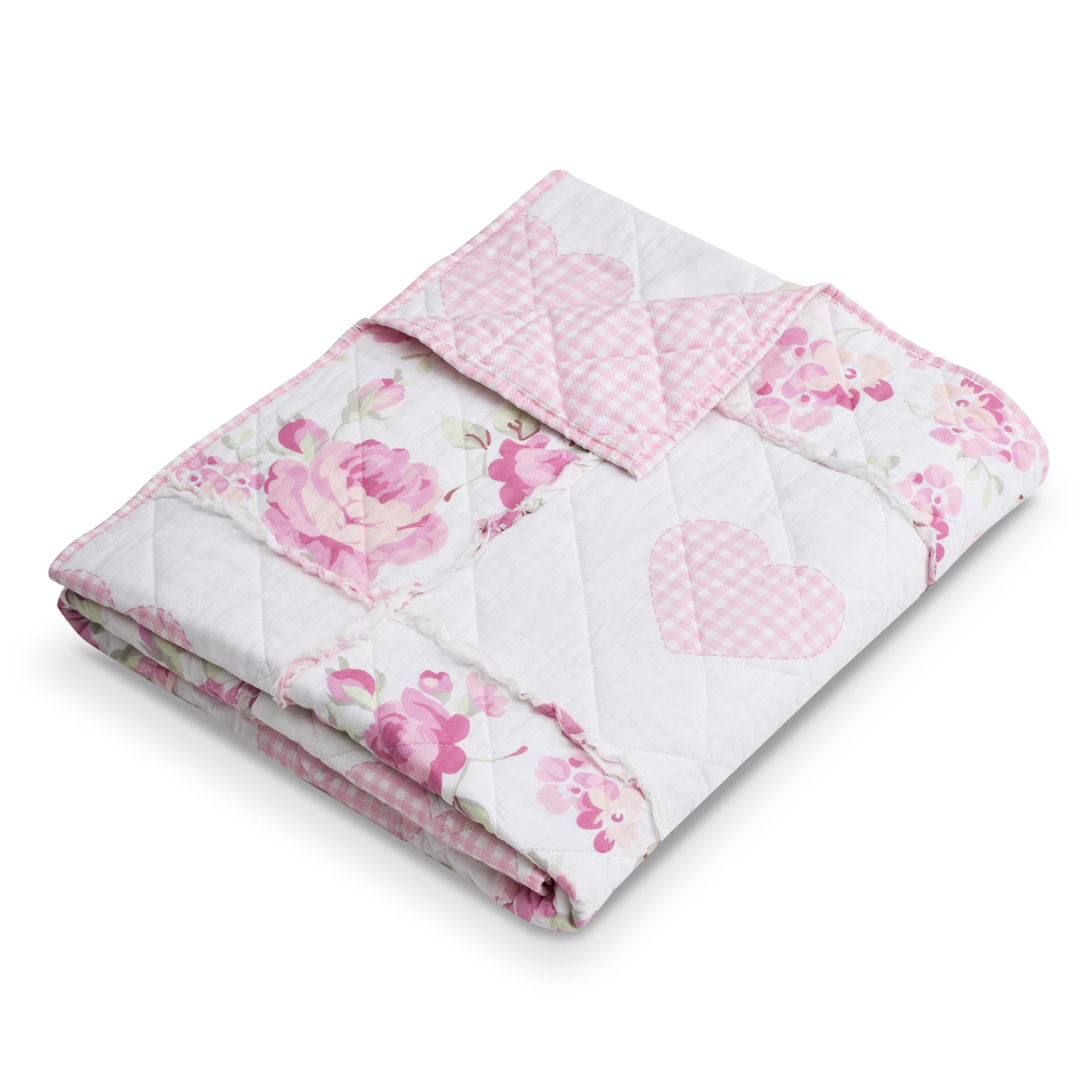 Veronica's Hearts Ruffled Patchwork Quilted Throw Blanket, PINK, alternate image number 4