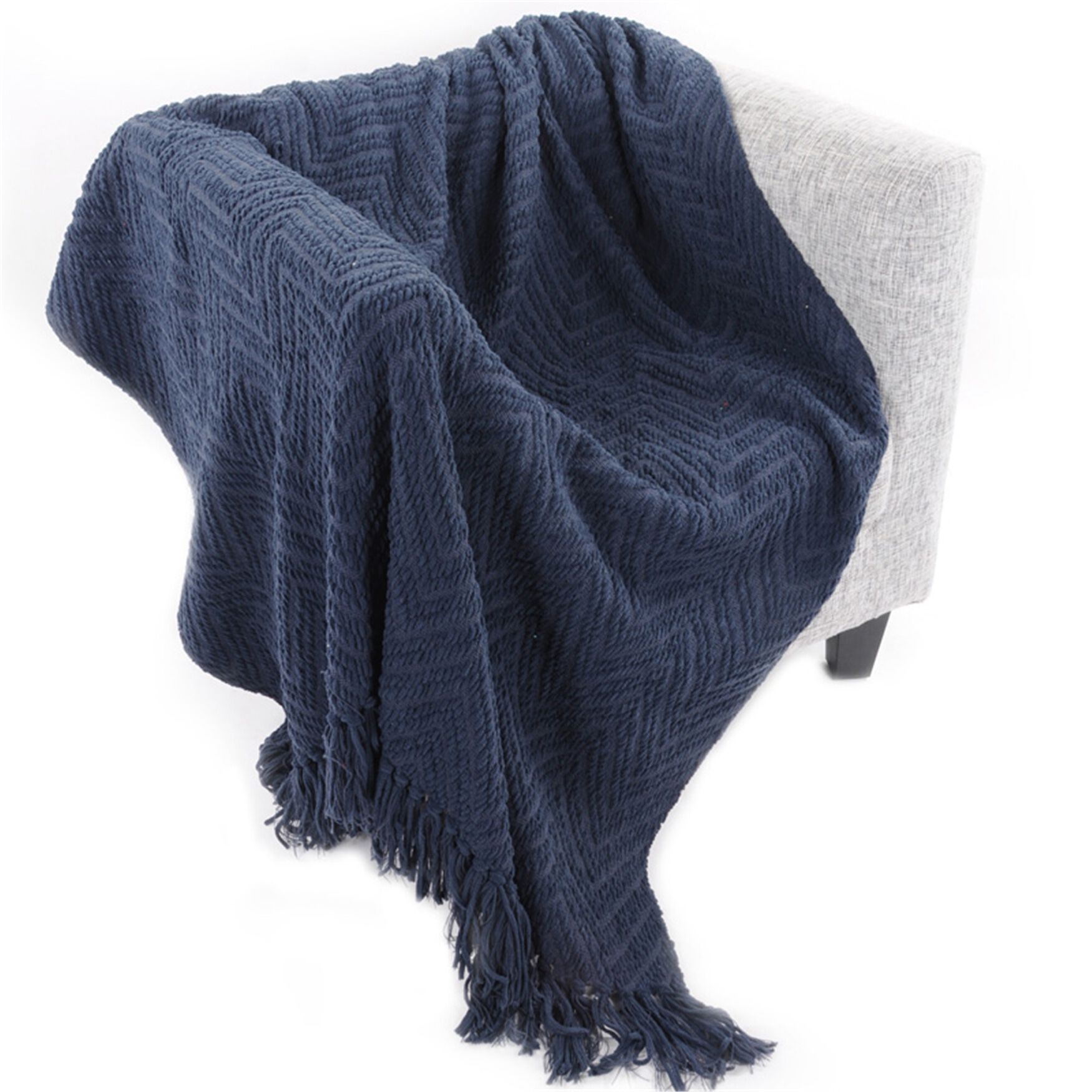 Battilo Home Boon Knitted Tweed Throw Couch Cover Blanket, NAVY, hi-res image number 0