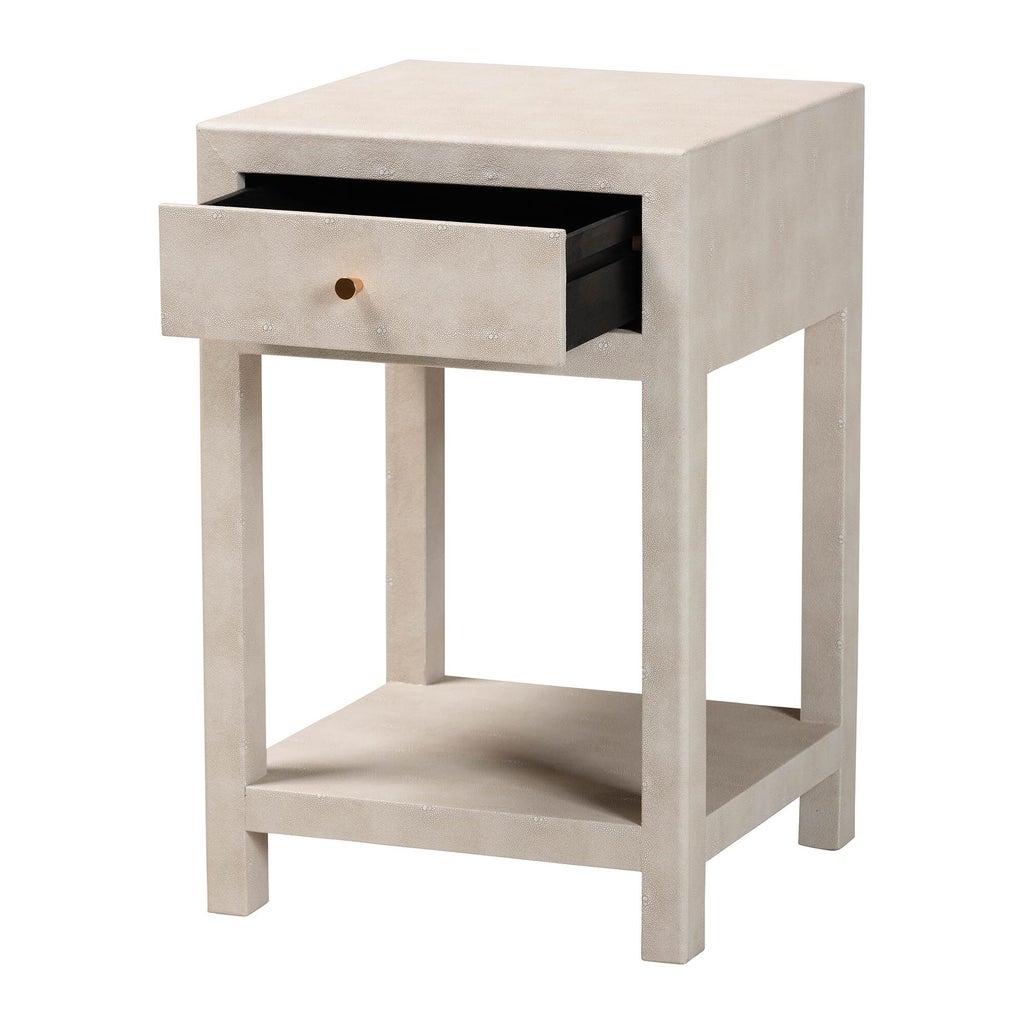 Beige faux shagreen end table with open lower shelf and partially opened drawer