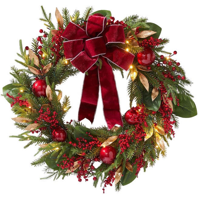 26 inches Pre-Lit Bordeaux Wreath, BURGUNDY, hi-res image number null