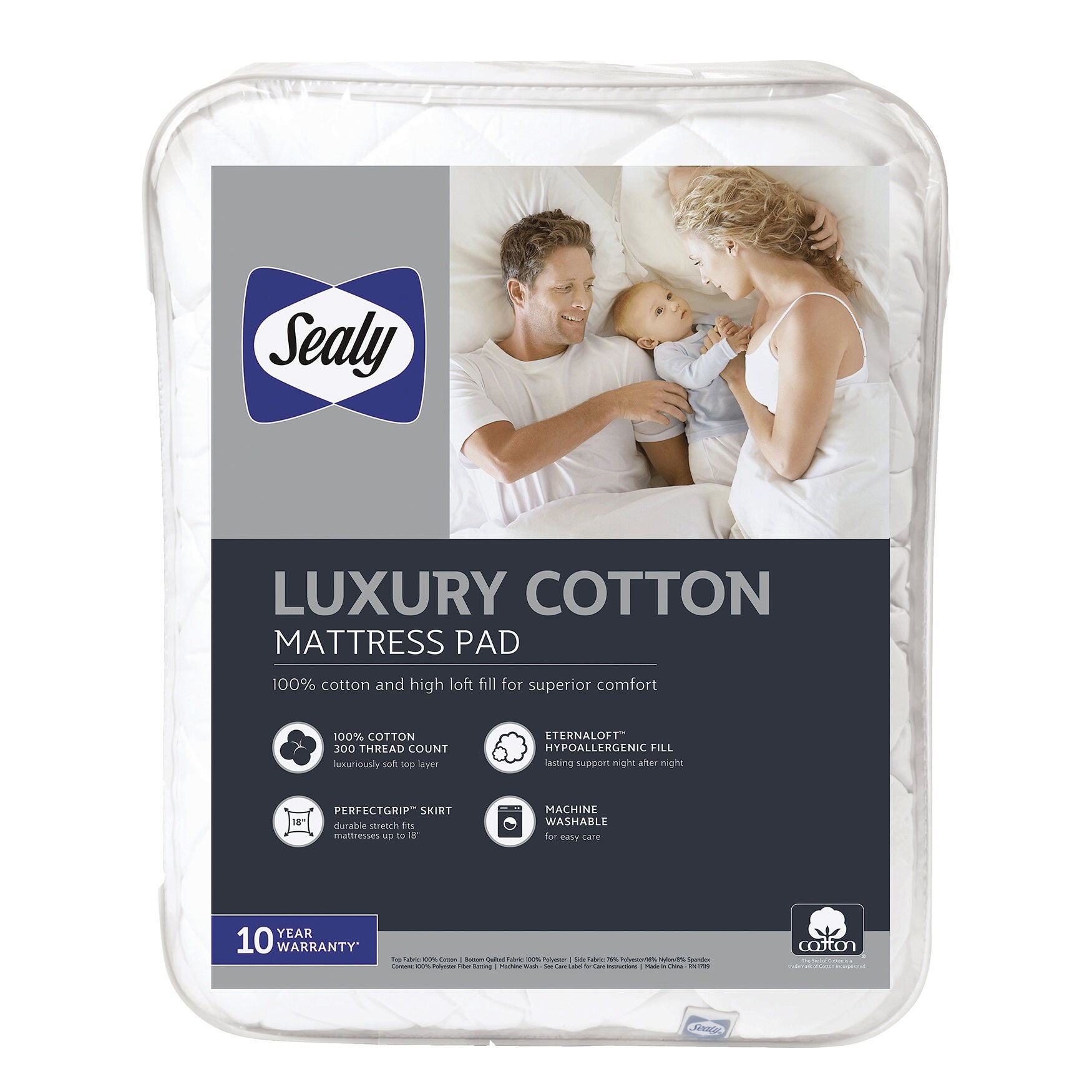 Sealy Luxury 100% Cotton Mattress Pad, WHITE, hi-res image number 0