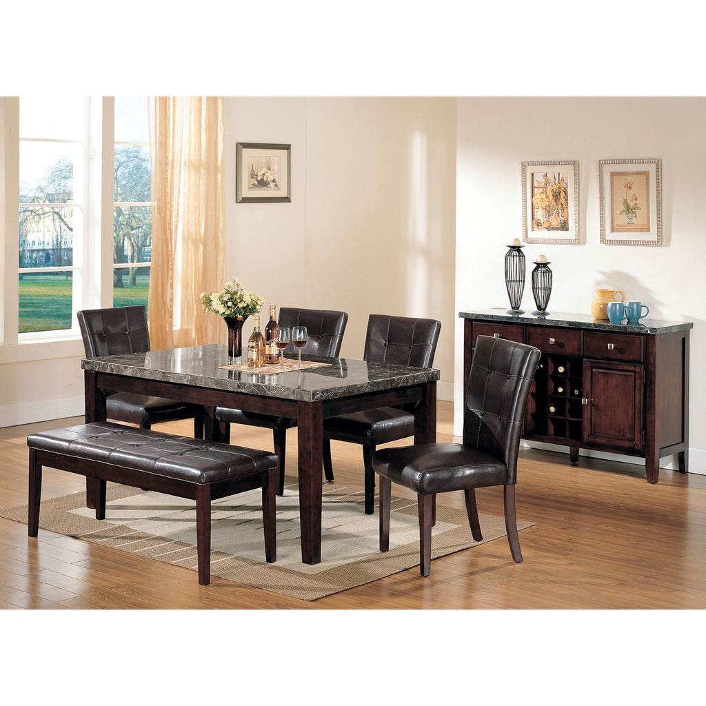Five brown leather dining chairs around a square table in dining room