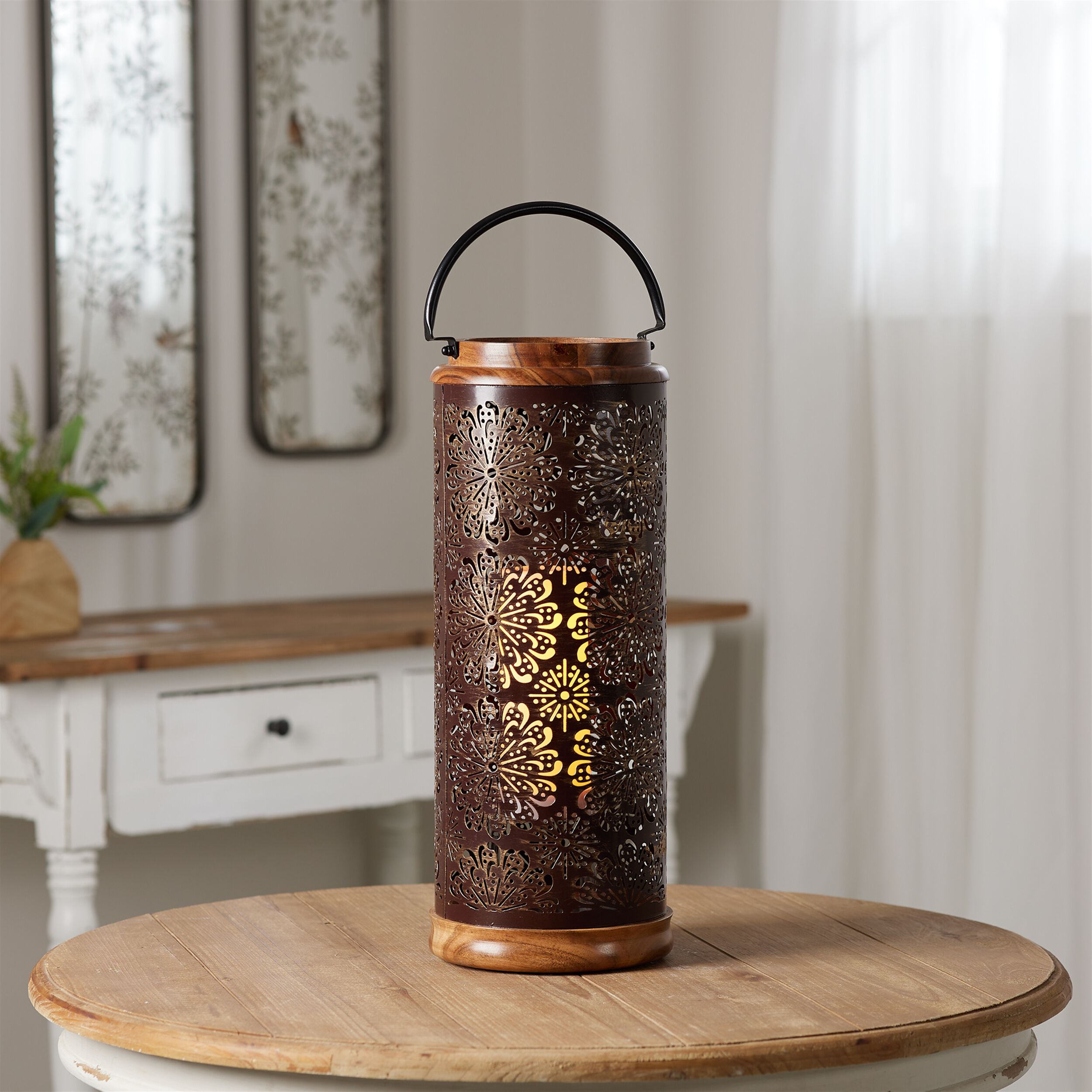 Punched Metal Lantern with Natural Wood Accents 19INH, BROWN, alternate image number 2