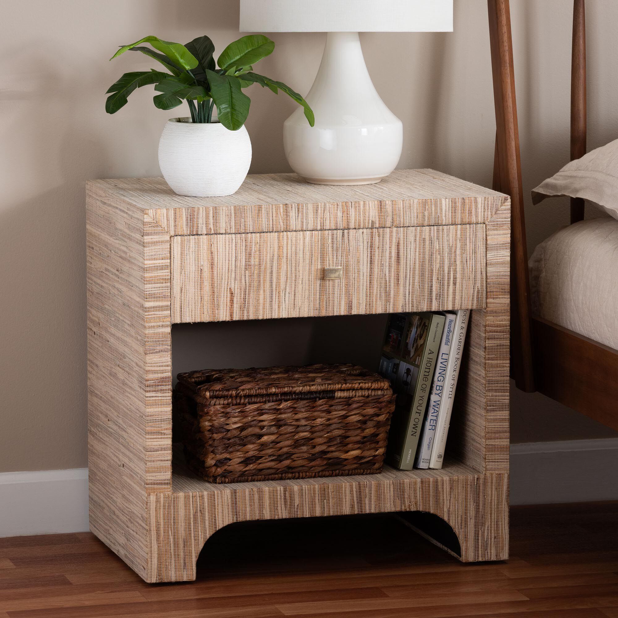Julia Bohemian Woven Natural Grasscloth 1-Drawer Nightstand, NATURAL, hi-res image number 0