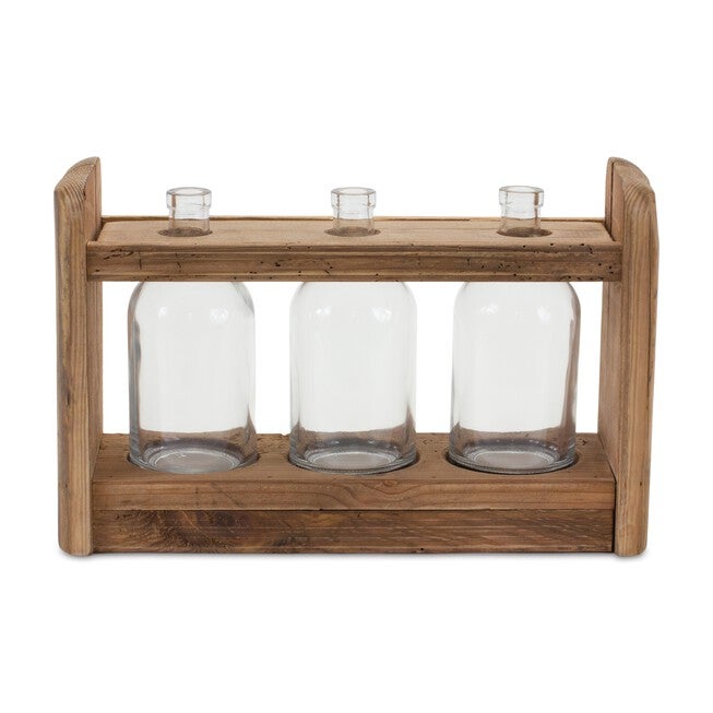 Triple Vase in Holder 15 inchesL x 9.75 inchesH Wood/Glass, BROWN, alternate image number 1