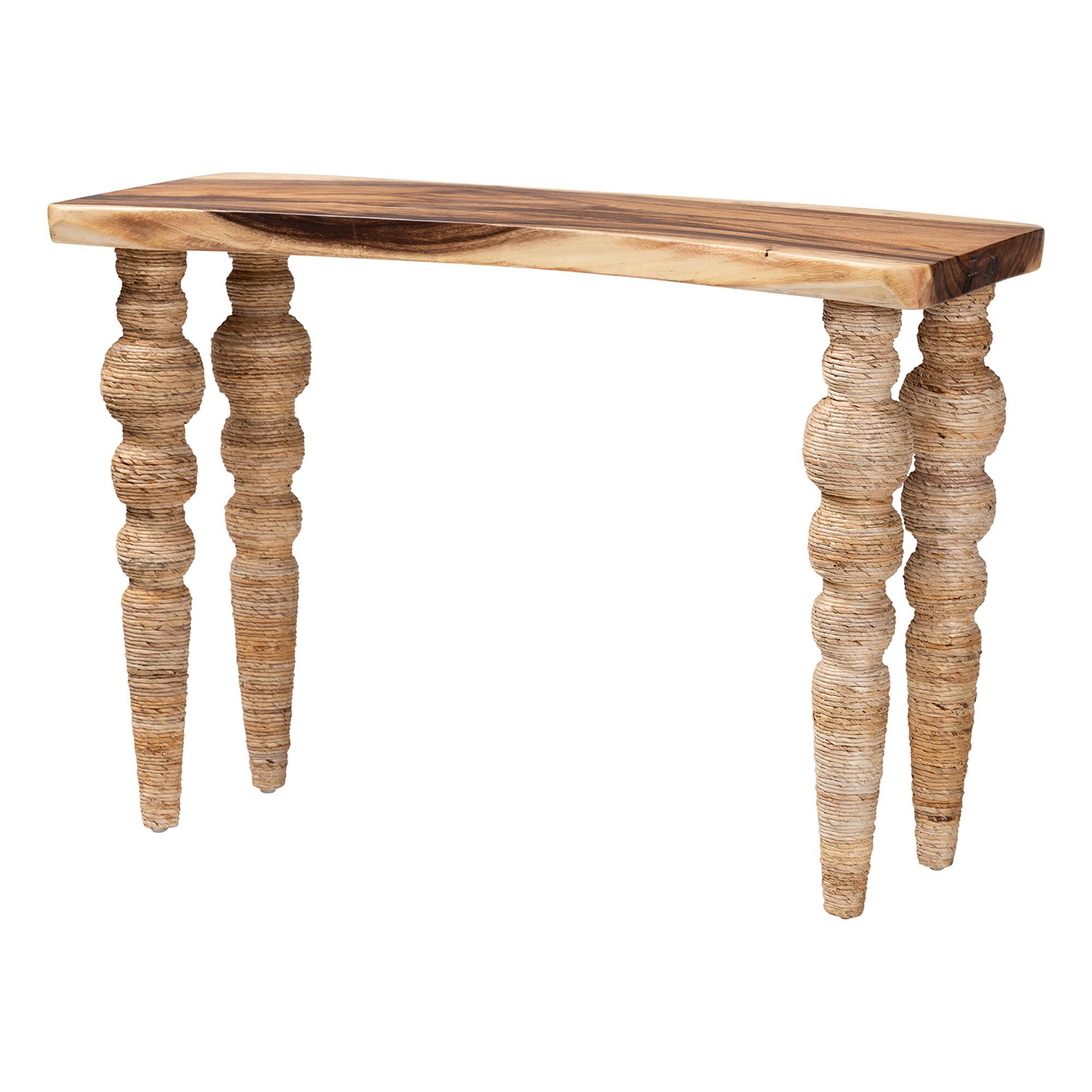 Nasnan Teak Wood Console Table with Seagrass and Bobbin Legs, BROWN, alternate image number 1
