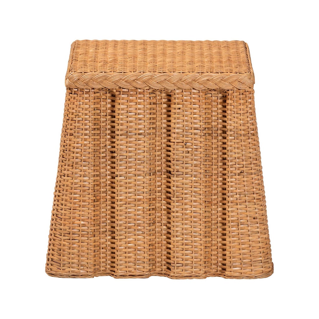 Natural rattan end table front view with braided top trim