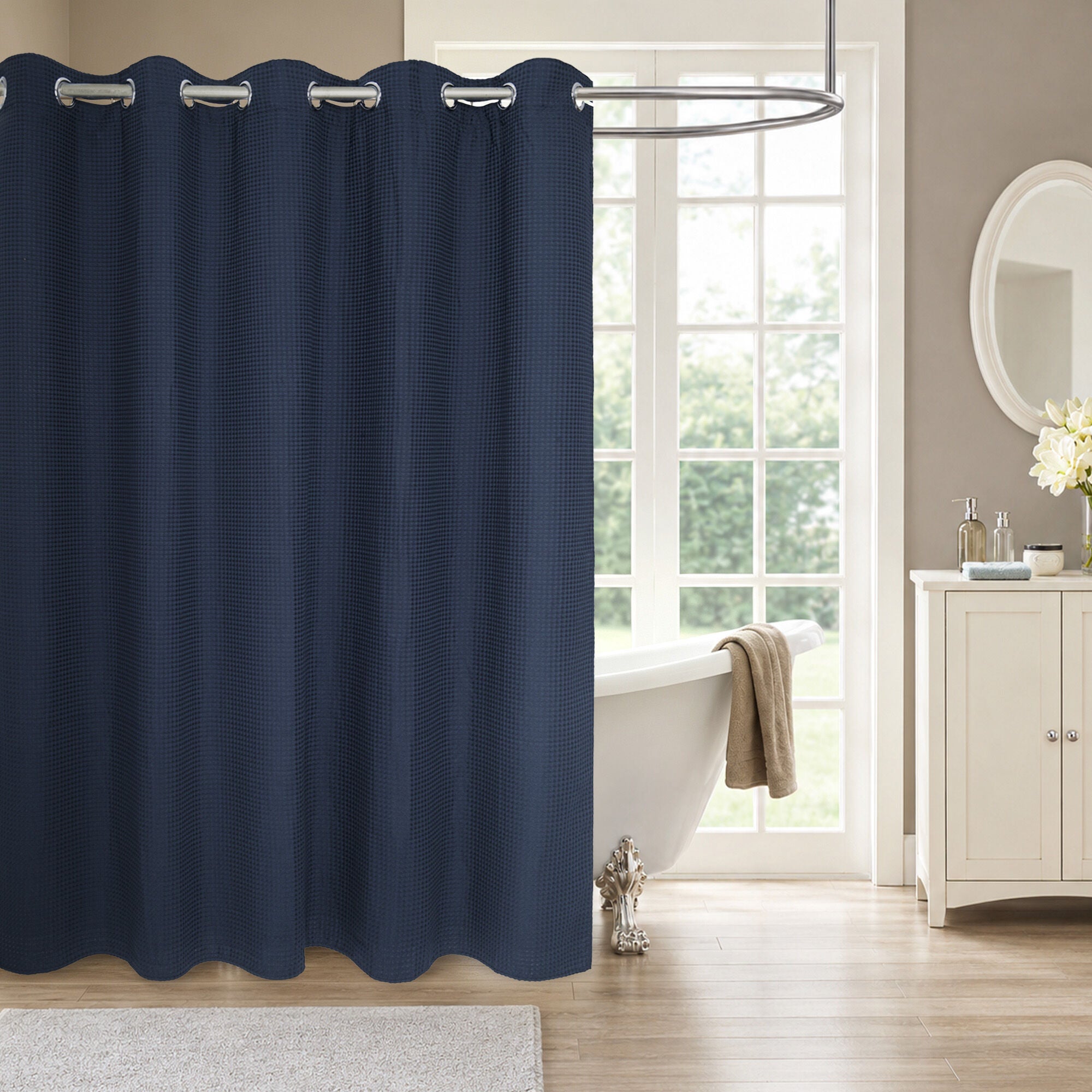 No Hook Cotton Blend Waffle Woven Shower Curtain with Snap-in Liner, NAVY BLUE, alternate image number 4
