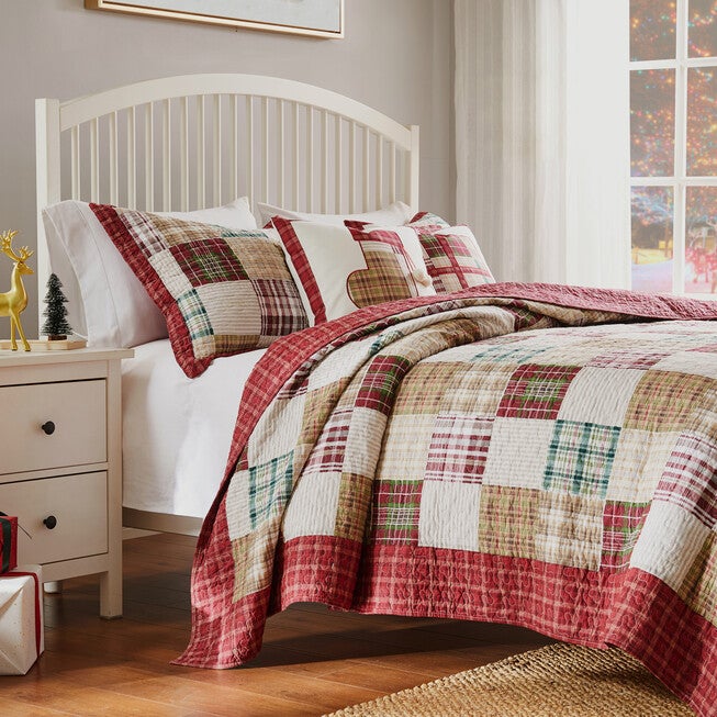 Oxford Cotton Patchwork Quilt Set, Red, 3-Piece King, RED, alternate image number null